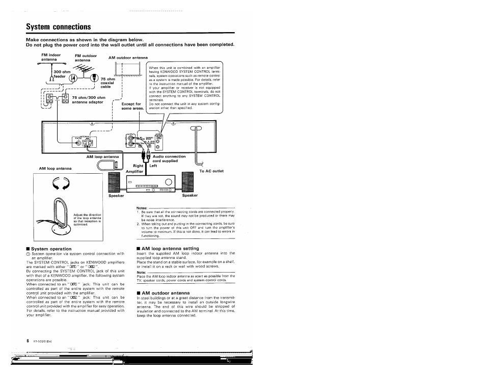 System connections, Make connections as shown in the diagram below, System operation | Am loop antenna setting, Am outdoor antenna | Kenwood KT-5020 User Manual | Page 6 / 12