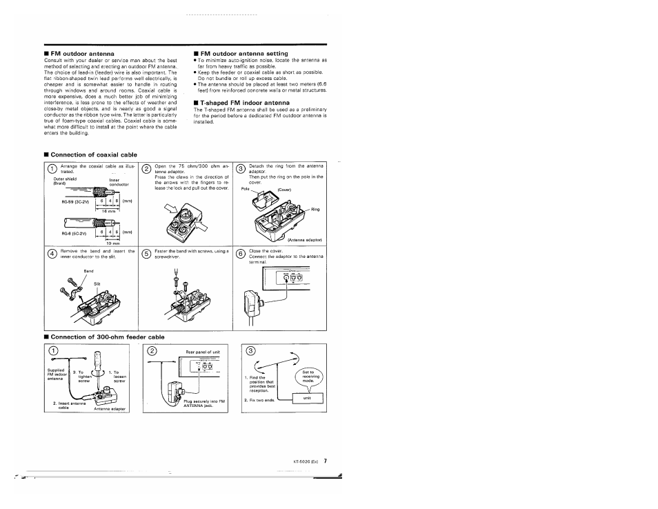 Fm outdoor antenna, Fm outdoor antenna setting, T-shaped fm indoor antenna | I connection of coaxial cable, I connection of 300-ohm feeder cable | Kenwood KT-5020 User Manual | Page 7 / 12