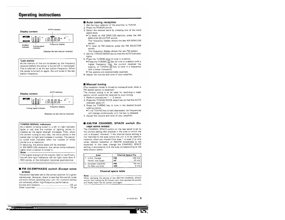Operating instructions, Auto tuning reception, Manual tuning | Fm de-emphasis switch (except some areas), Am/fm channel space switch (except some areas) | Kenwood KT-5020 User Manual | Page 9 / 12