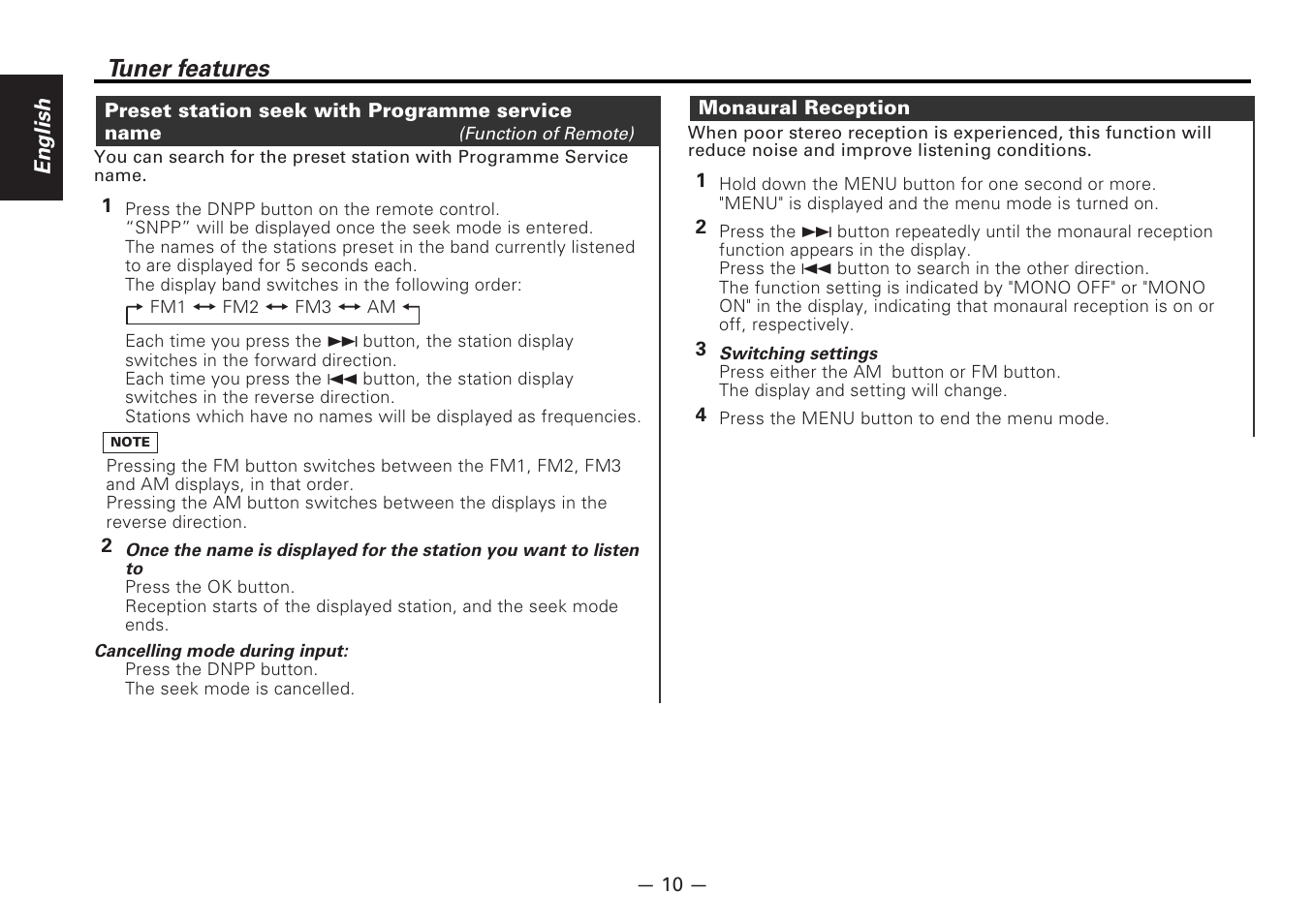 Preset station seek with programme service name, Monaural reception, Tuner features | Kenwood MD-RECEIVER KMD-870R User Manual | Page 10 / 36