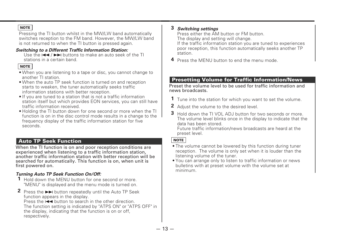 Auto tp seek function, Presetting volume for traffic information/news | Kenwood MD-RECEIVER KMD-870R User Manual | Page 13 / 36