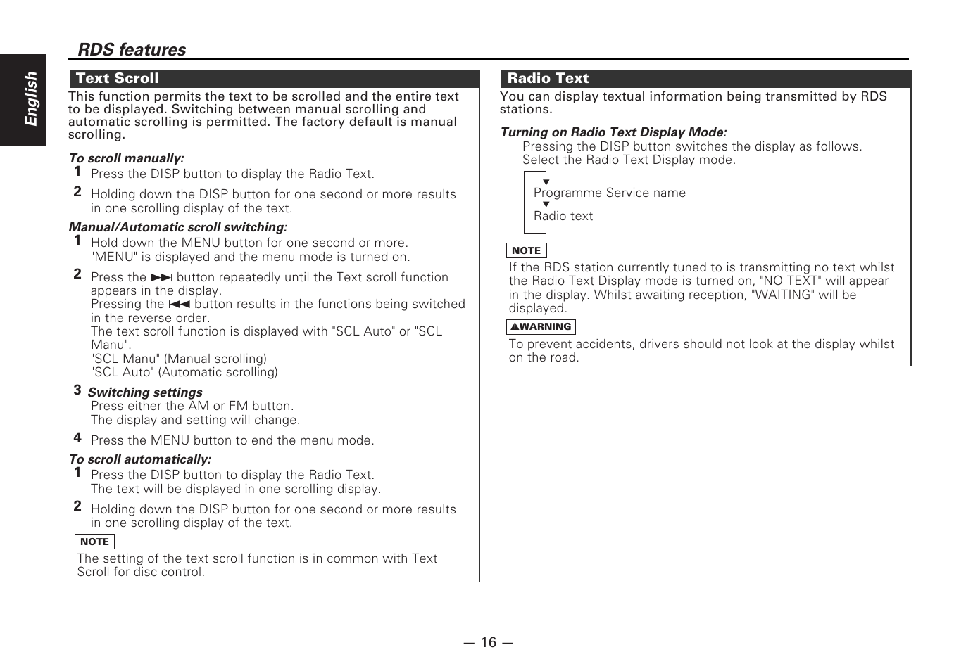 Text scroll, Radio text, Rds features | Kenwood MD-RECEIVER KMD-870R User Manual | Page 16 / 36