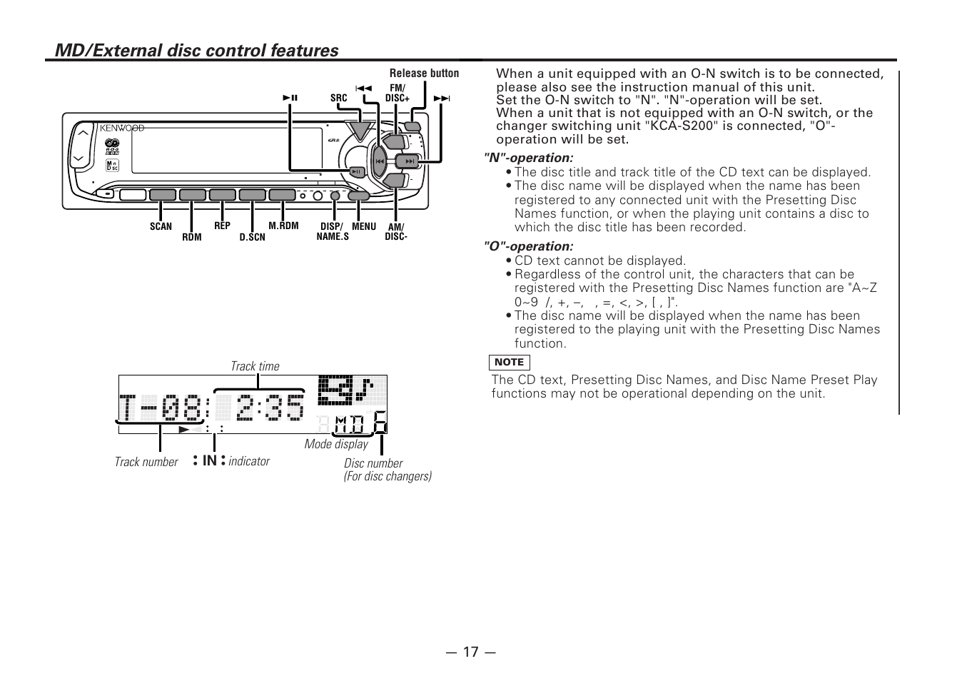 Md/external disc control features, N"-operation, O"-operation | Indicator | Kenwood MD-RECEIVER KMD-870R User Manual | Page 17 / 36