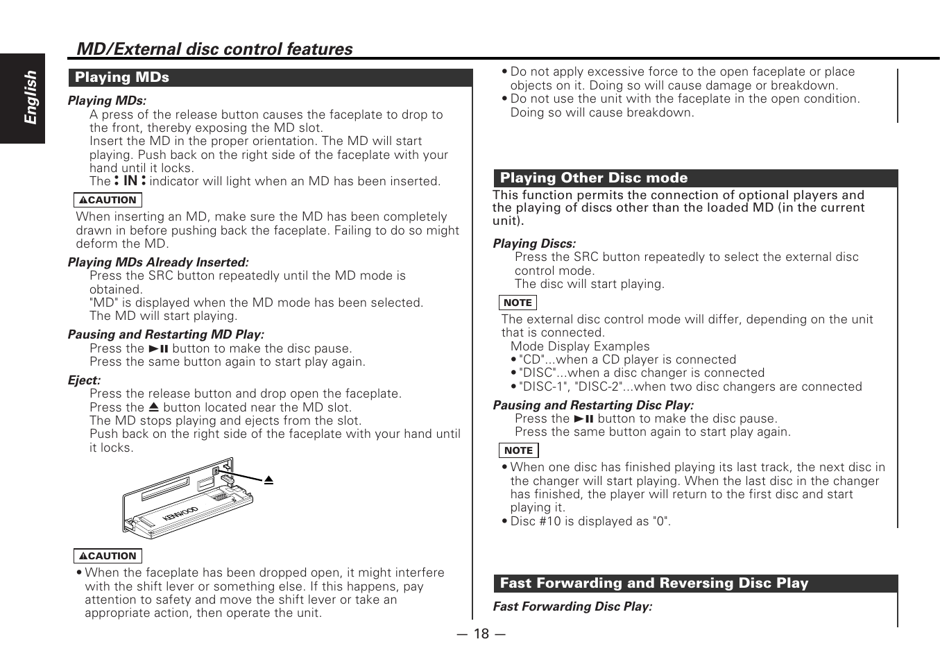 Playing mds, Playing other disc mode, Fast forwarding and reversing disc play | Md/external disc control features, English | Kenwood MD-RECEIVER KMD-870R User Manual | Page 18 / 36