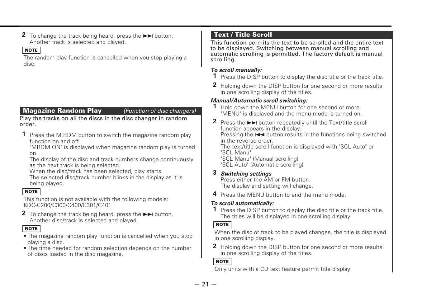 Magazine random play, Text / title scroll | Kenwood MD-RECEIVER KMD-870R User Manual | Page 21 / 36