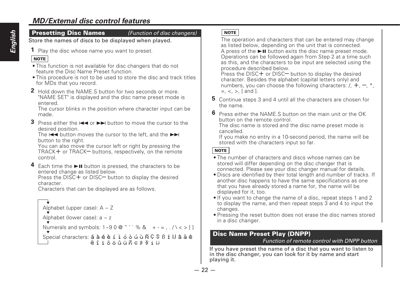 Presetting disc names, Disc name preset play (dnpp), Md/external disc control features | Kenwood MD-RECEIVER KMD-870R User Manual | Page 22 / 36