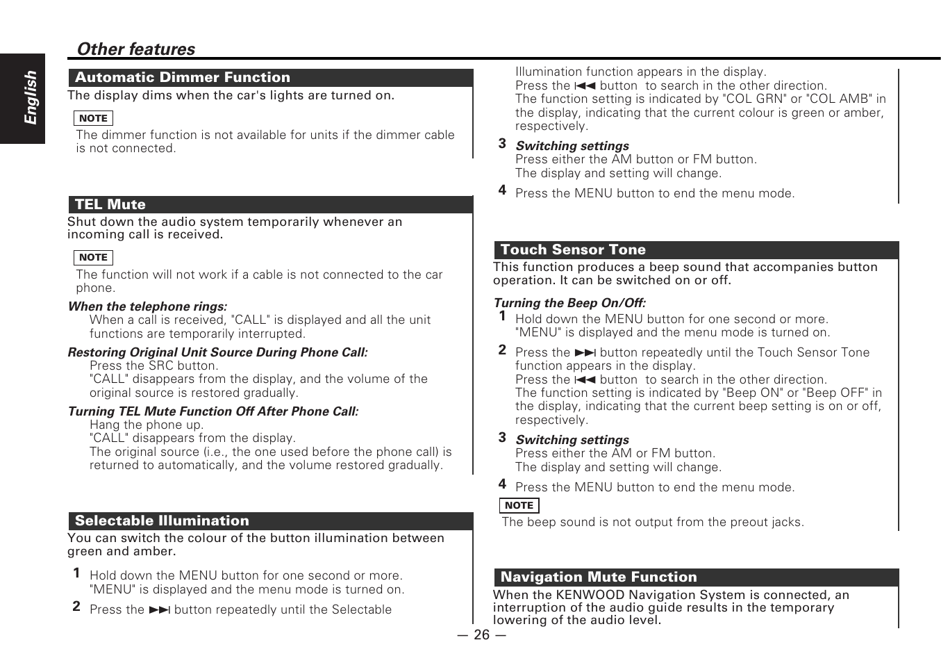 Automatic dimmer function, Tel mute, Selectable illumination | Touch sensor tone, Navigation mute function, Other features | Kenwood MD-RECEIVER KMD-870R User Manual | Page 26 / 36