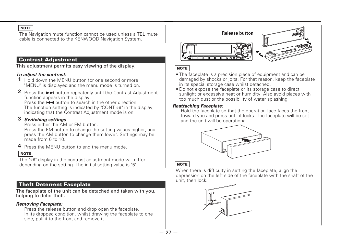 Contrast adjustment, Theft deterrent faceplate | Kenwood MD-RECEIVER KMD-870R User Manual | Page 27 / 36