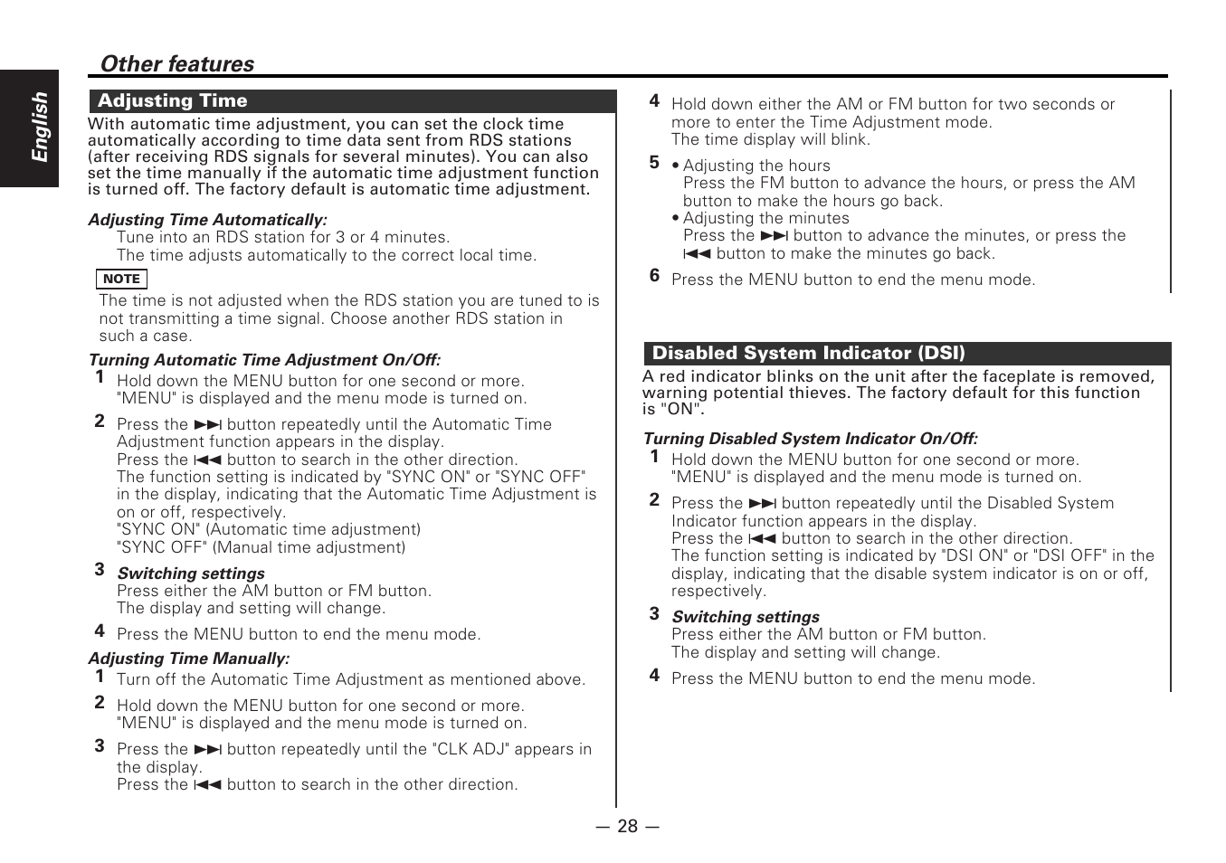 Adjusting time, Disabled system indicator (dsi), Other features | Kenwood MD-RECEIVER KMD-870R User Manual | Page 28 / 36