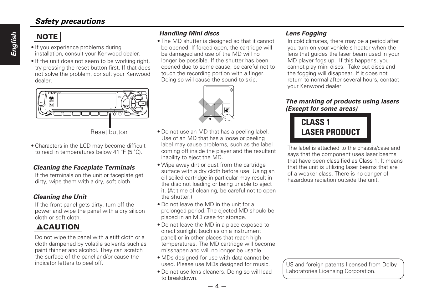 Class 1 laser product, Safety precautions, English | Cleaning the faceplate terminals, Cleaning the unit, Handling mini discs, Lens fogging, Reset button | Kenwood MD-RECEIVER KMD-870R User Manual | Page 4 / 36