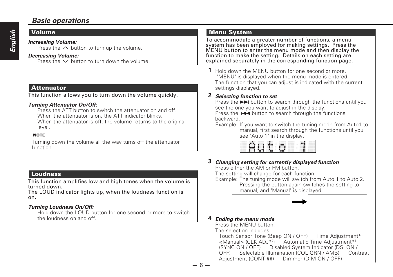 Volume, Attenuator, Loudness | Menu system, Auto 2 manual, Basic operations | Kenwood MD-RECEIVER KMD-870R User Manual | Page 6 / 36