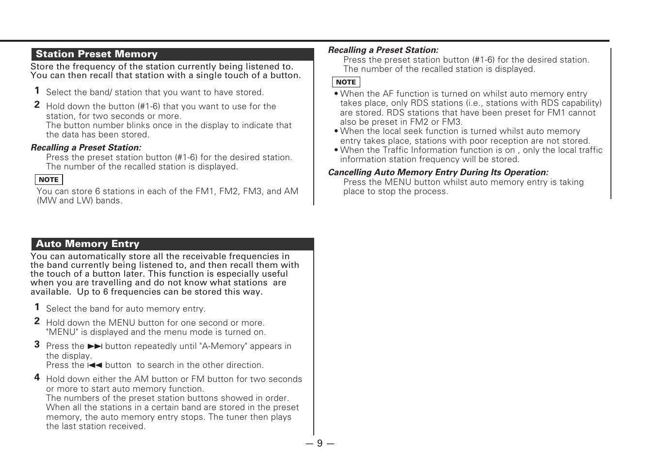 Station preset memory, Auto memory entry | Kenwood MD-RECEIVER KMD-870R User Manual | Page 9 / 36