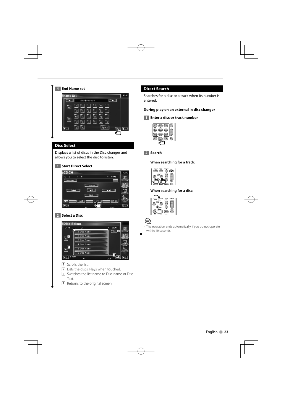 Disc select, Direct search, English 23 4 end name set | 2search when searching for a track, When searching for a disc | Kenwood CarPortal KOS-V1000 User Manual | Page 23 / 92