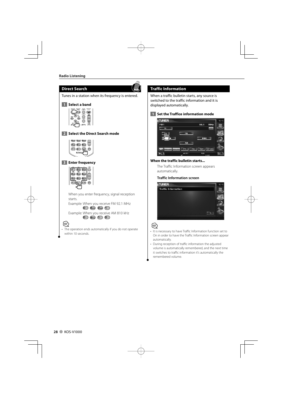 Direct search, Traffic information, 2select the direct search mode | 3enter frequency, Example: when you receive am 810 khz | Kenwood CarPortal KOS-V1000 User Manual | Page 28 / 92