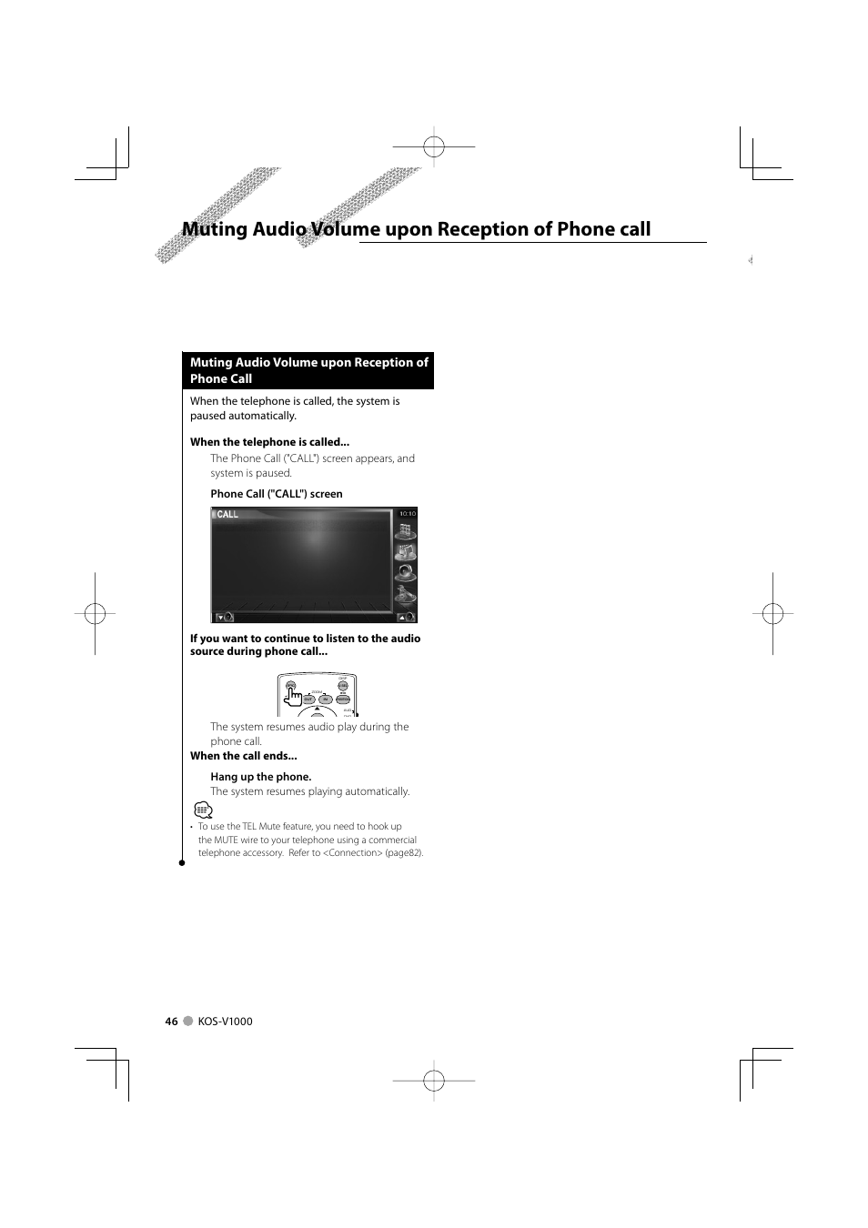 Muting audio volume upon reception of phone call | Kenwood CarPortal KOS-V1000 User Manual | Page 46 / 92