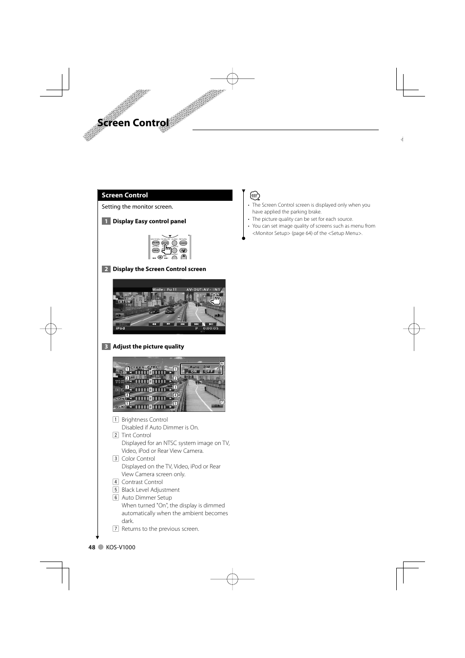 Screen control | Kenwood CarPortal KOS-V1000 User Manual | Page 48 / 92