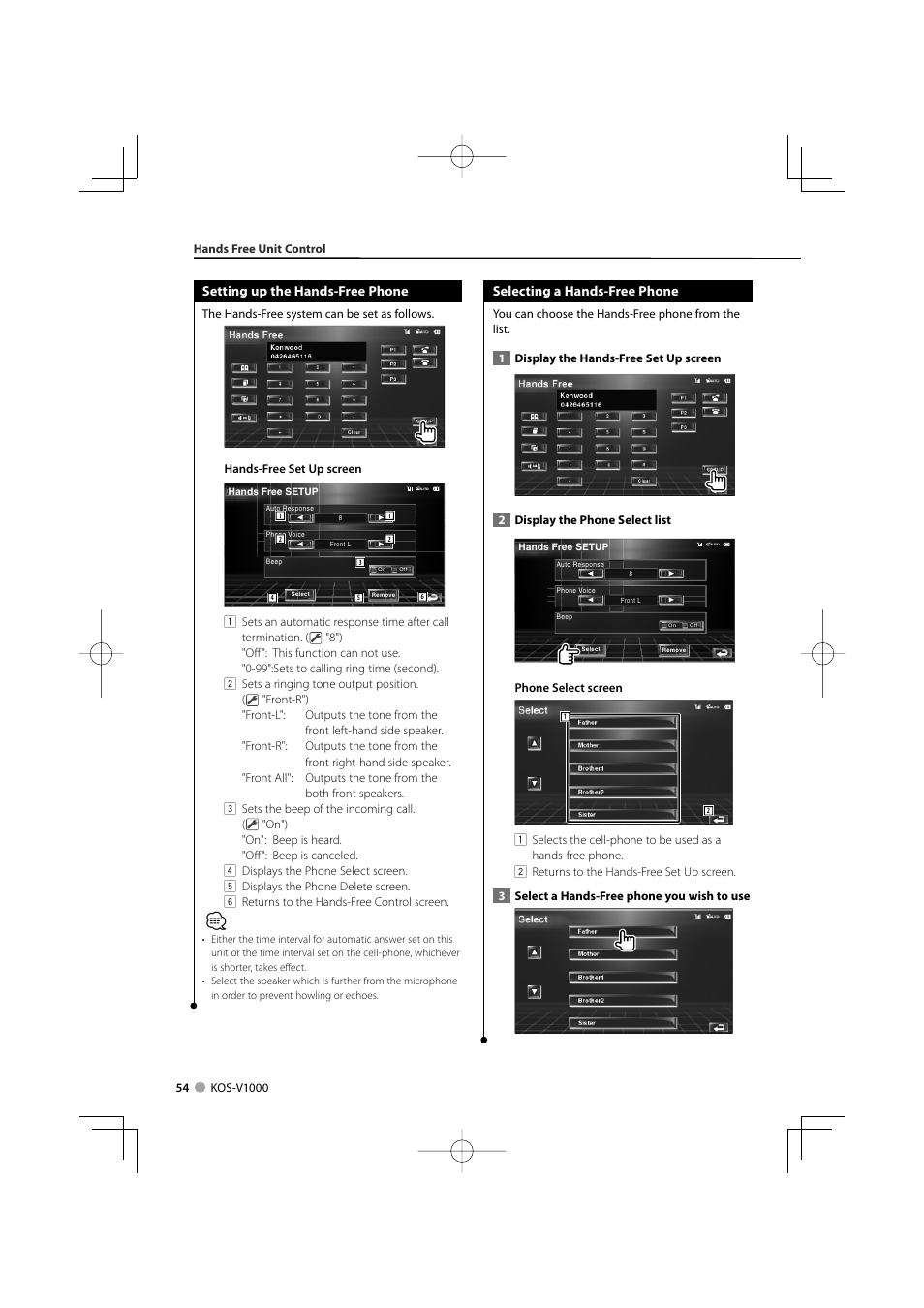 Setting up the hands-free phone, Selecting a hands-free phone | Kenwood CarPortal KOS-V1000 User Manual | Page 54 / 92