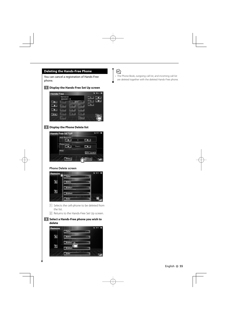 Deleting the hands-free phone | Kenwood CarPortal KOS-V1000 User Manual | Page 55 / 92