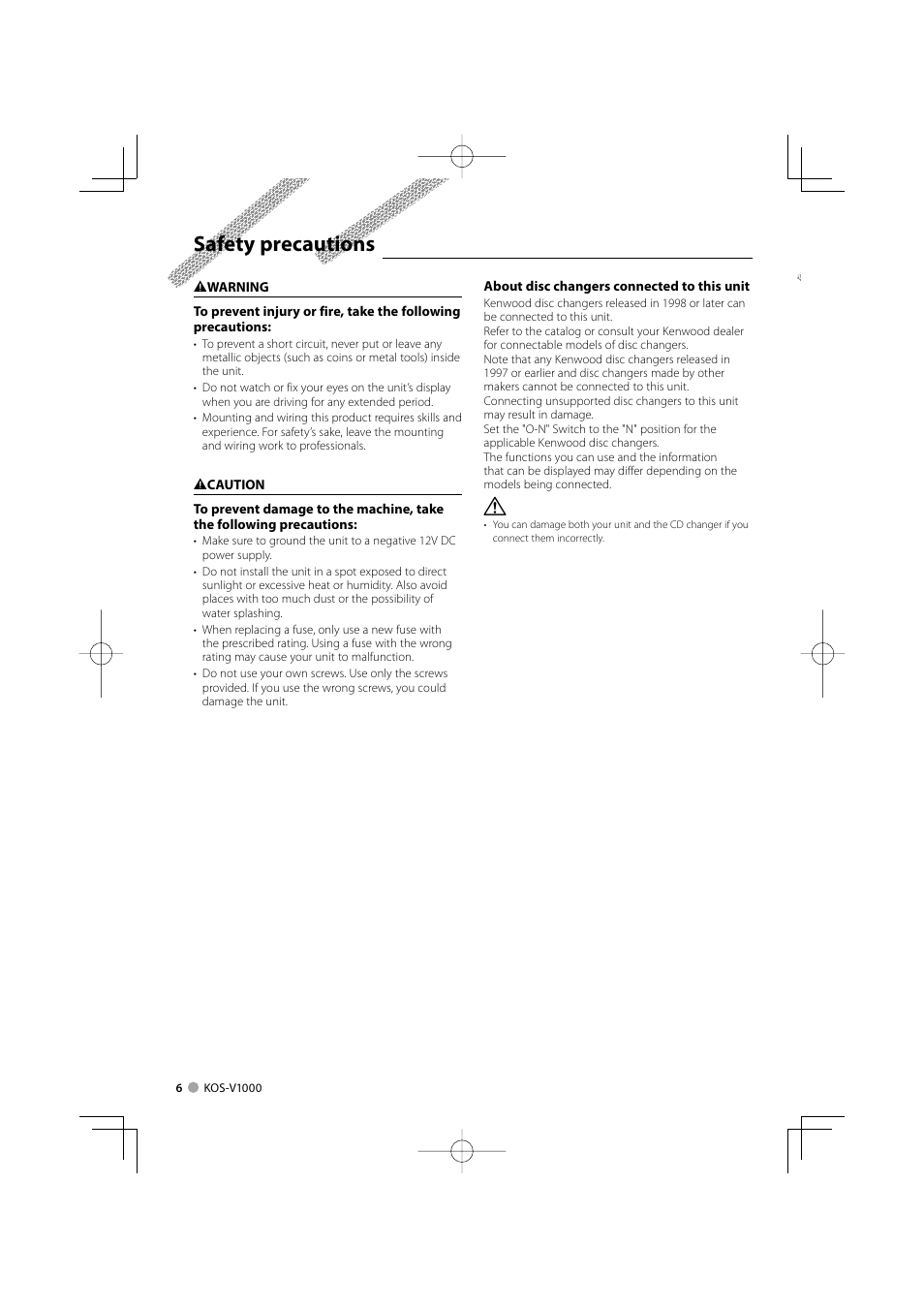 Safety precautions | Kenwood CarPortal KOS-V1000 User Manual | Page 6 / 92