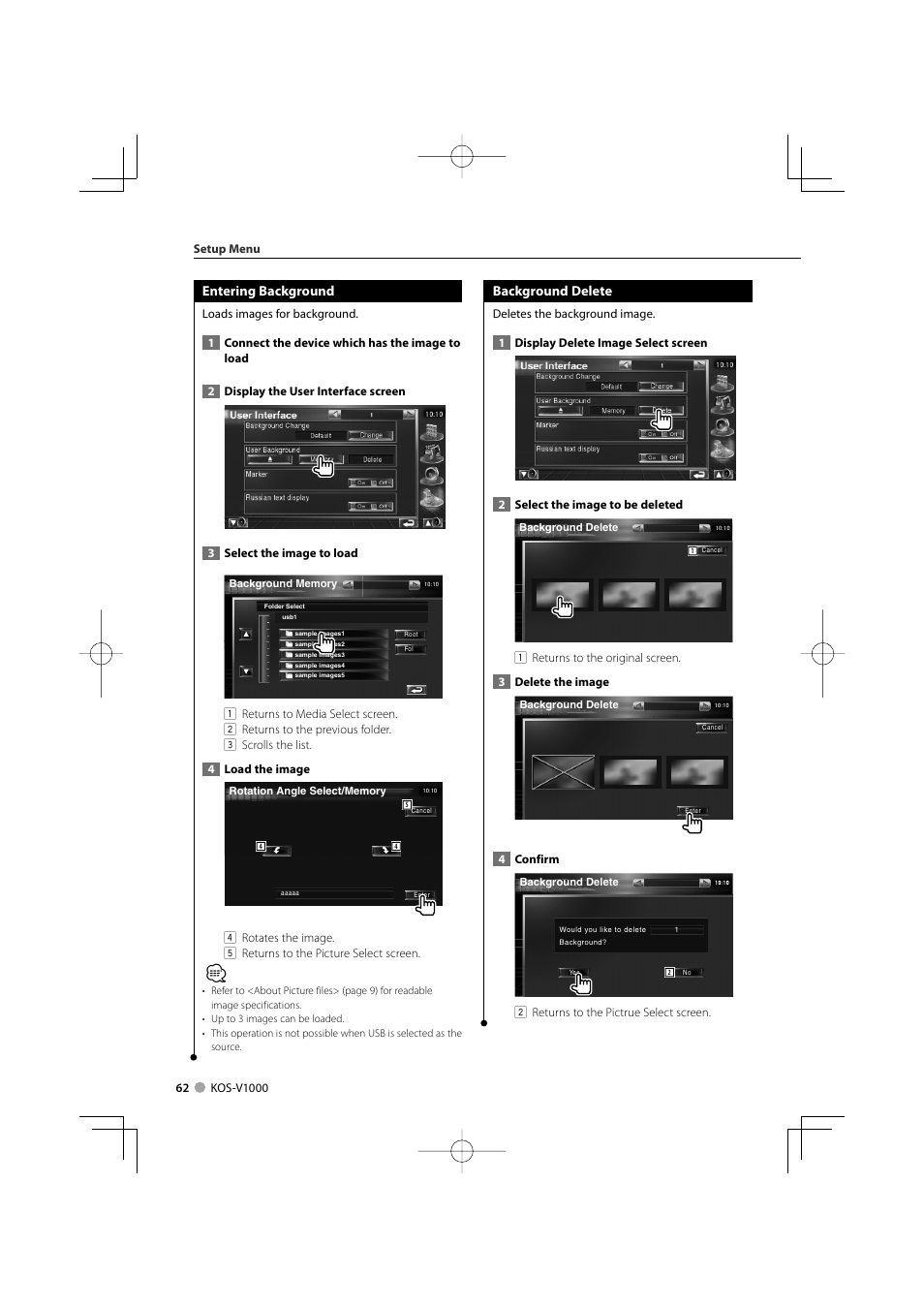 Entering background, Background delete | Kenwood CarPortal KOS-V1000 User Manual | Page 62 / 92