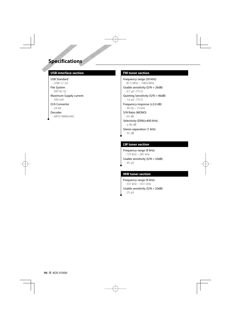 Specifications | Kenwood CarPortal KOS-V1000 User Manual | Page 90 / 92