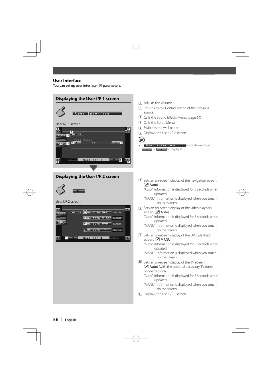 Before use, User interface, Displaying the user i/f 1 screen | Displaying the user i/f 2 screen | Kenwood KVT-737DVD User Manual | Page 56 / 76