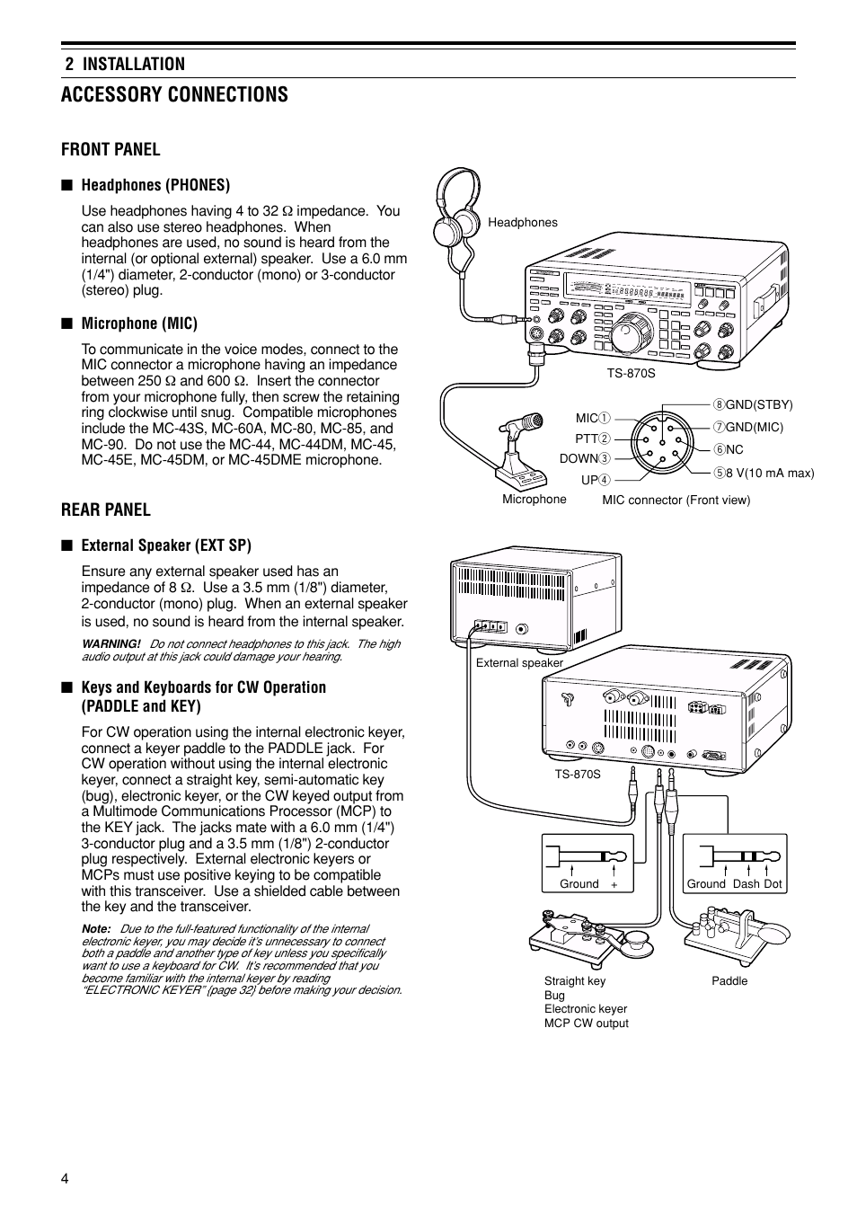 Accessory connections, 2 installation, Front panel | Rear panel | Kenwood TS-870S User Manual | Page 10 / 104