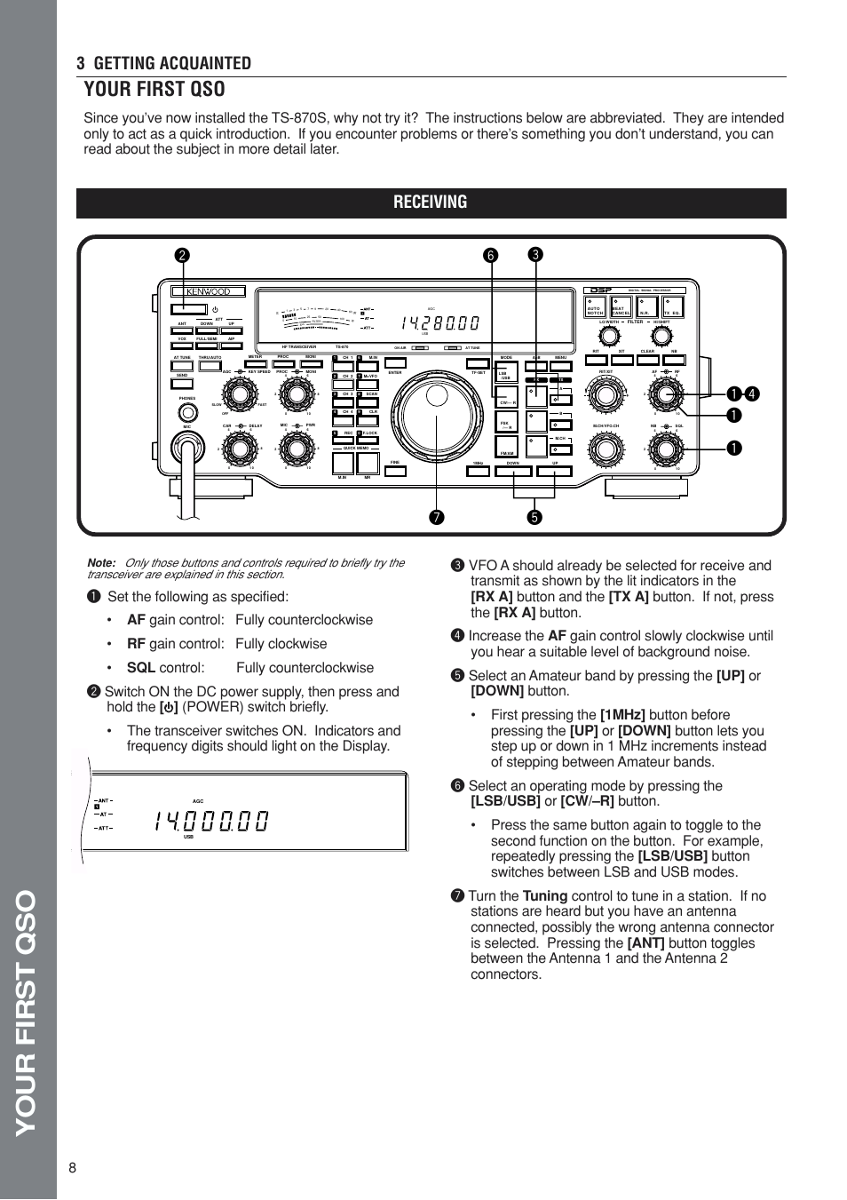 Your first qso, Receiving 3 getting acquainted | Kenwood TS-870S User Manual | Page 14 / 104