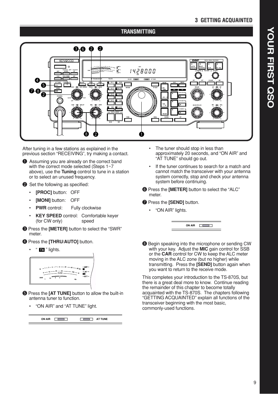 Your first qso, Transmitting 3 getting acquainted | Kenwood TS-870S User Manual | Page 15 / 104