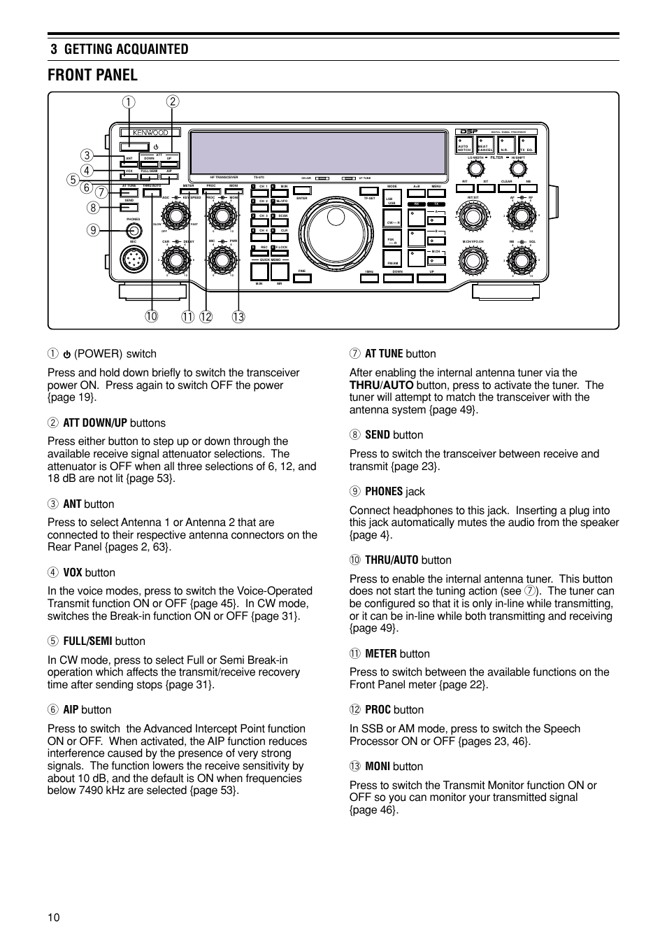 Front panel, 3 getting acquainted | Kenwood TS-870S User Manual | Page 16 / 104