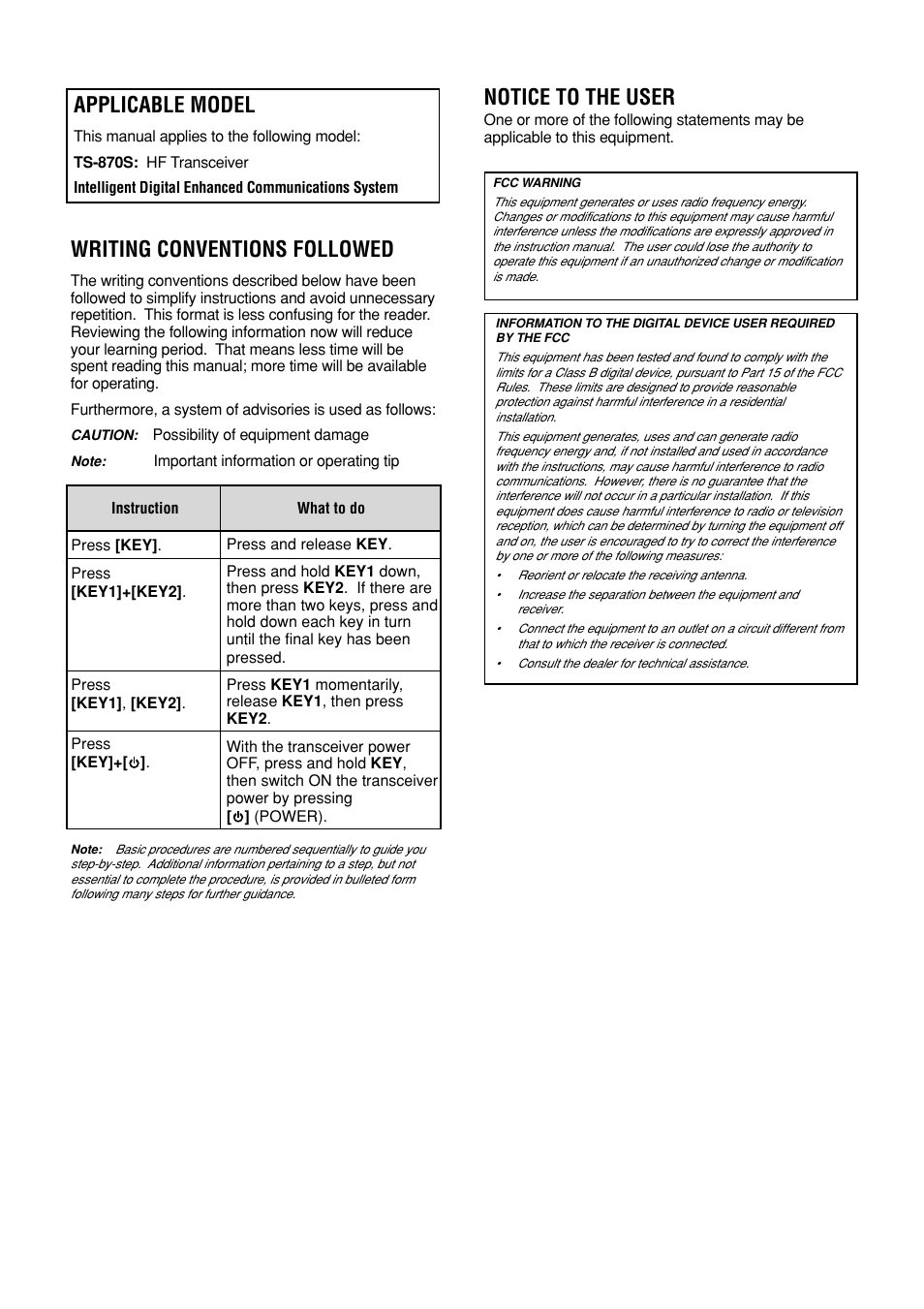 Writing conventions followed, Notice to the user, Applicable model | Kenwood TS-870S User Manual | Page 2 / 104