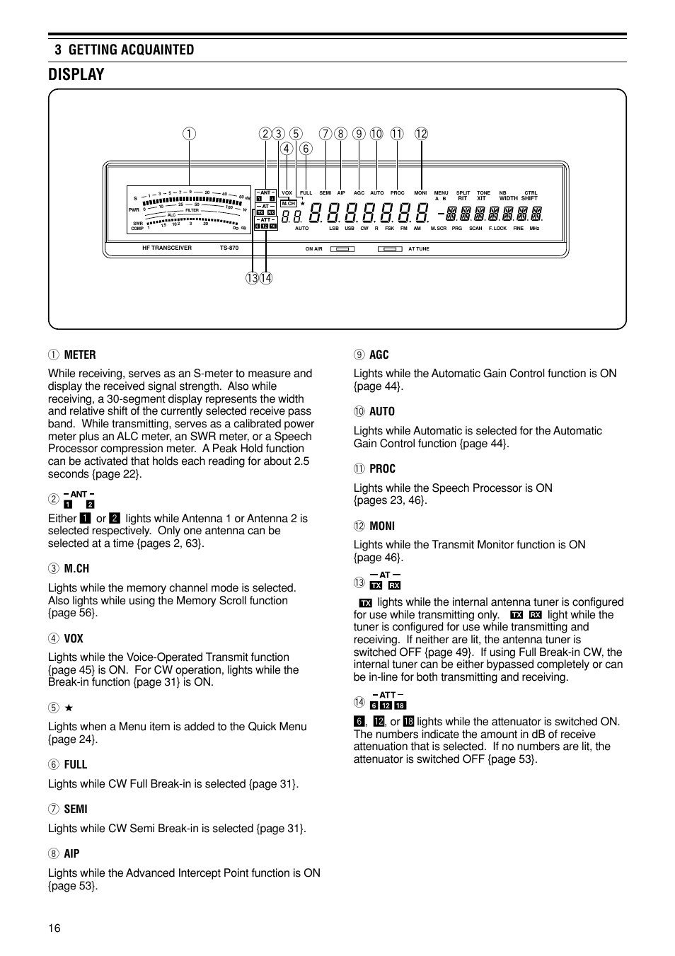 Display, 3 getting acquainted | Kenwood TS-870S User Manual | Page 22 / 104