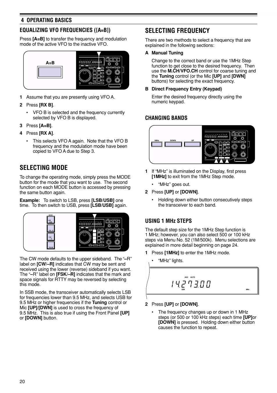 Selecting frequency, Selecting mode, 4 operating basics | Changing bands, Using 1 mhz steps, Equalizing vfo frequencies ([a=b]) | Kenwood TS-870S User Manual | Page 26 / 104