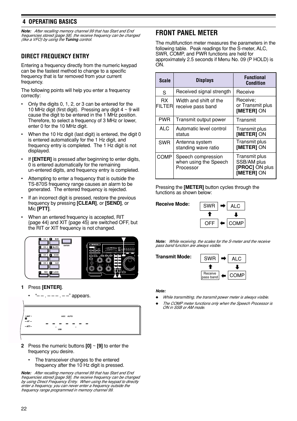 Front panel meter, 4 operating basics, Direct frequency entry | Kenwood TS-870S User Manual | Page 28 / 104