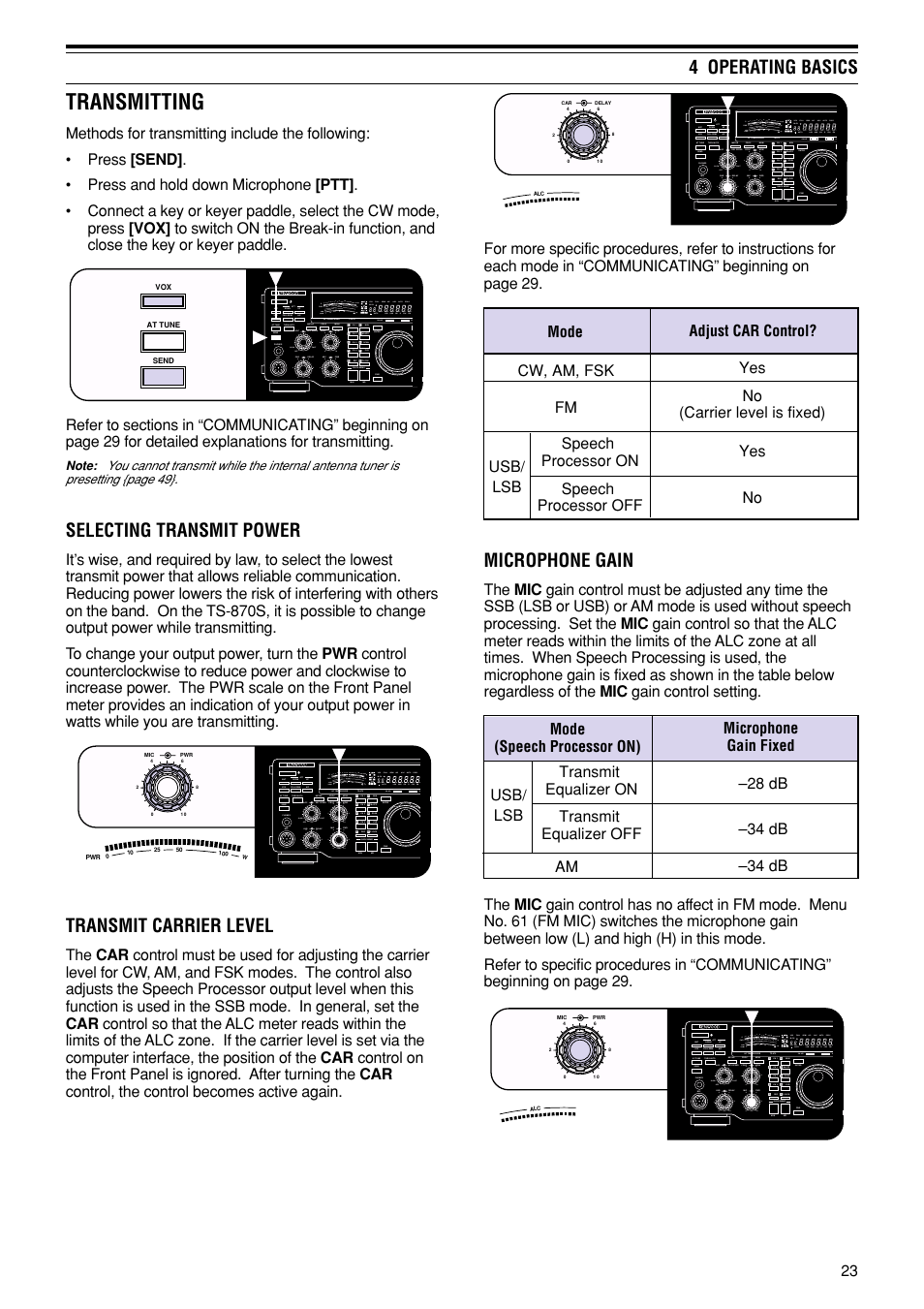 Transmitting, Microphone gain, 4 operating basics | Selecting transmit power, Transmit carrier level | Kenwood TS-870S User Manual | Page 29 / 104