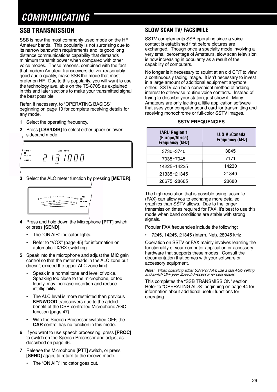 Communicating, Ssb transmission, Slow scan tv/ facsimile | Kenwood TS-870S User Manual | Page 35 / 104