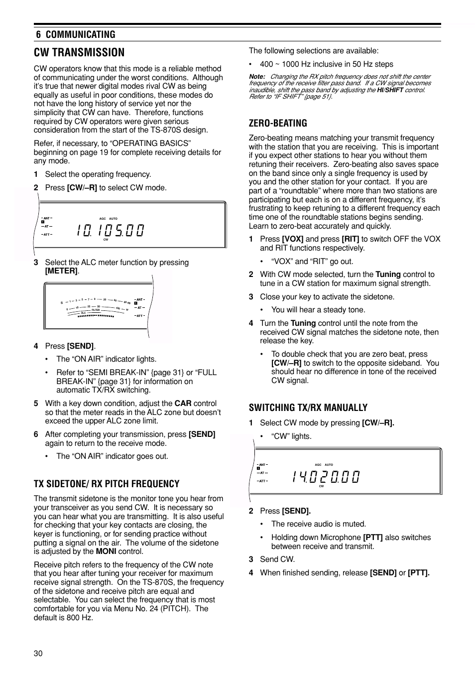 Cw transmission, Zero-beating, Switching tx/rx manually | Tx sidetone/ rx pitch frequency, 6 communicating | Kenwood TS-870S User Manual | Page 36 / 104