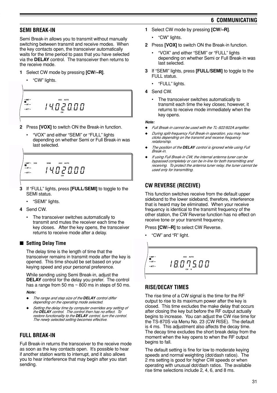 Cw reverse (receive), Rise/decay times, Semi break-in | Full break-in, 6 communicating, Setting delay time | Kenwood TS-870S User Manual | Page 37 / 104