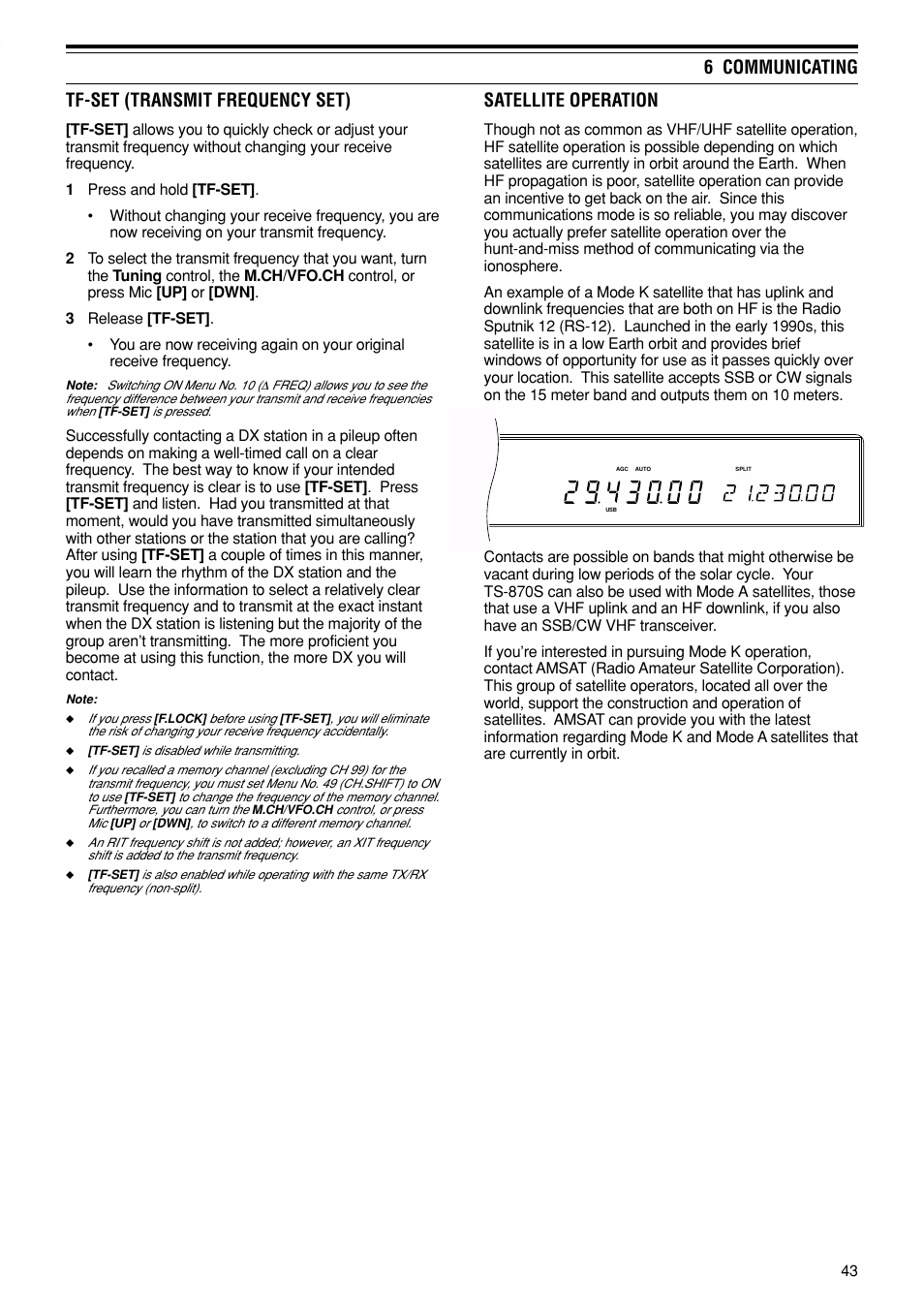 6 communicating tf-set (transmit frequency set), Satellite operation | Kenwood TS-870S User Manual | Page 49 / 104