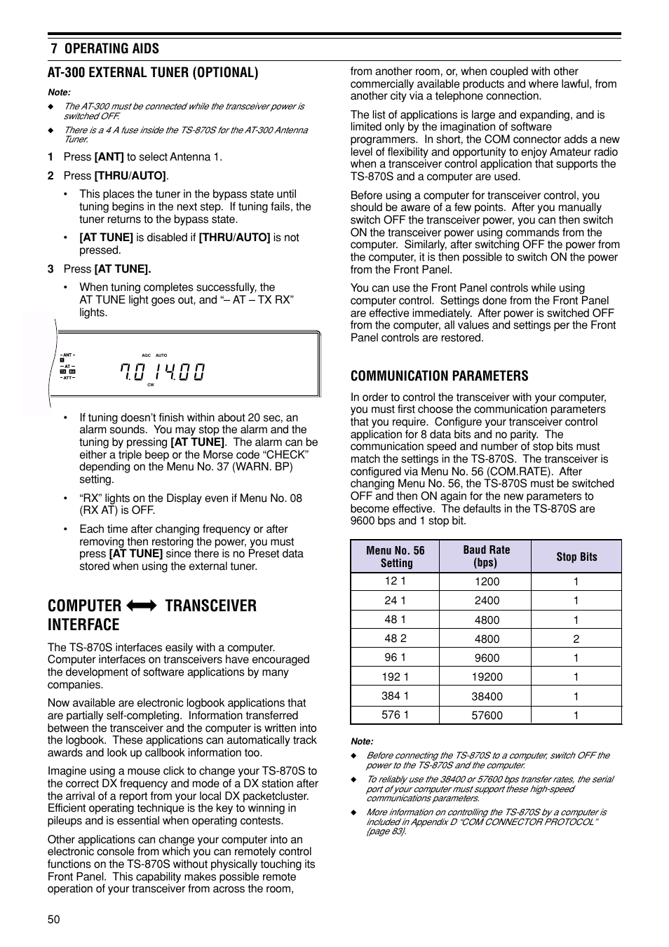 Computer [\ transceiver interface, Communication parameters, 7 operating aids at-300 external tuner (optional) | Kenwood TS-870S User Manual | Page 56 / 104