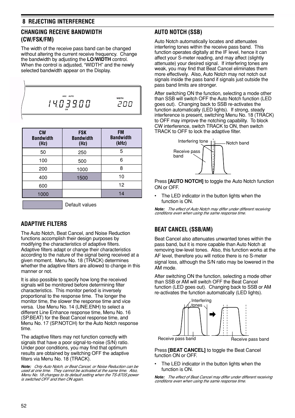 Auto notch (ssb), Beat cancel (ssb/am), Changing receive bandwidth (cw/fsk/fm) | Adaptive filters, 8 rejecting interference | Kenwood TS-870S User Manual | Page 58 / 104