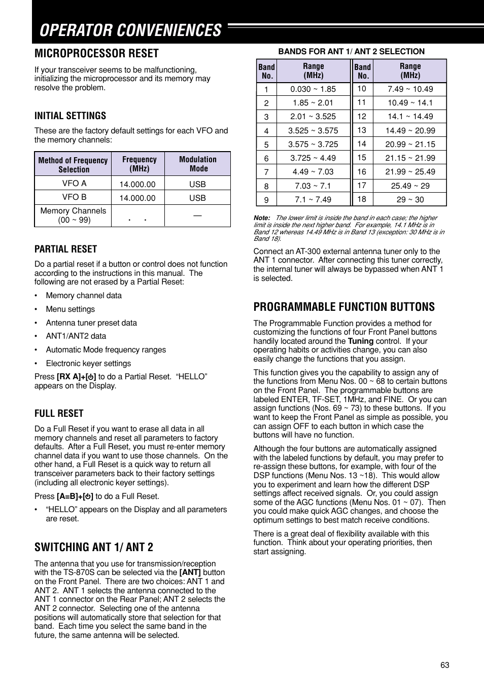 Operator conveniences, Microprocessor reset, Switching ant 1/ ant 2 | Programmable function buttons | Kenwood TS-870S User Manual | Page 69 / 104