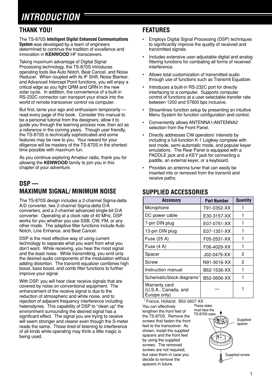 Introduction, Dsp — maximum signal/ minimum noise, Features | Supplied accessories | Kenwood TS-870S User Manual | Page 7 / 104