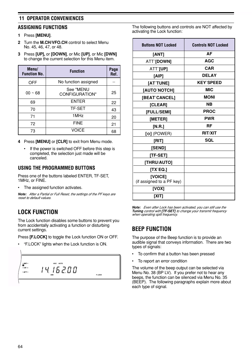 Lock function, Beep function, Assigning functions | Using the programmed buttons, 11 operator conveniences | Kenwood TS-870S User Manual | Page 70 / 104