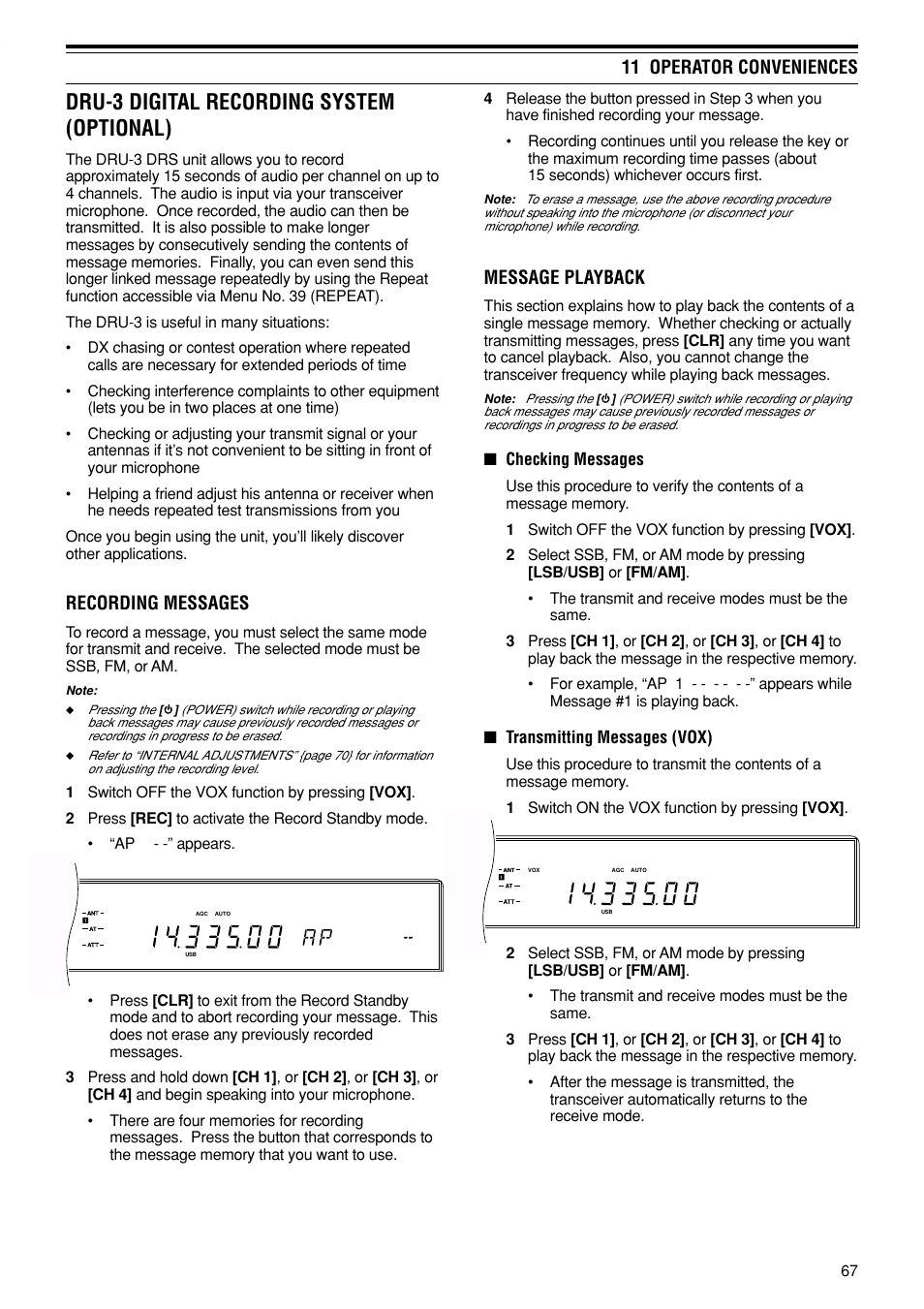 Dru-3 digital recording system (optional), 11 operator conveniences, Recording messages | Message playback | Kenwood TS-870S User Manual | Page 73 / 104
