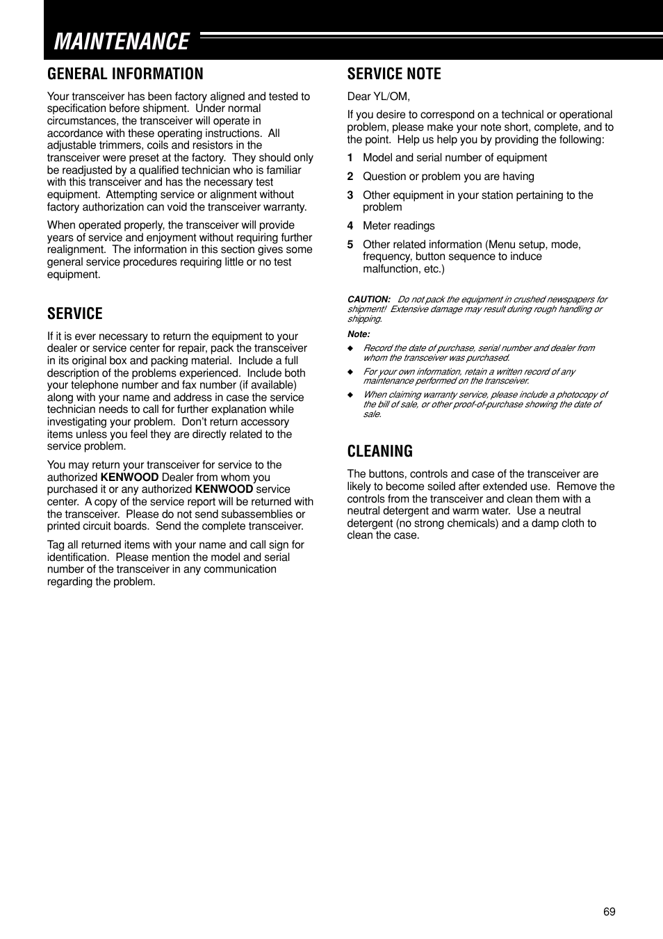 Maintenance, Cleaning, General information | Service | Kenwood TS-870S User Manual | Page 75 / 104