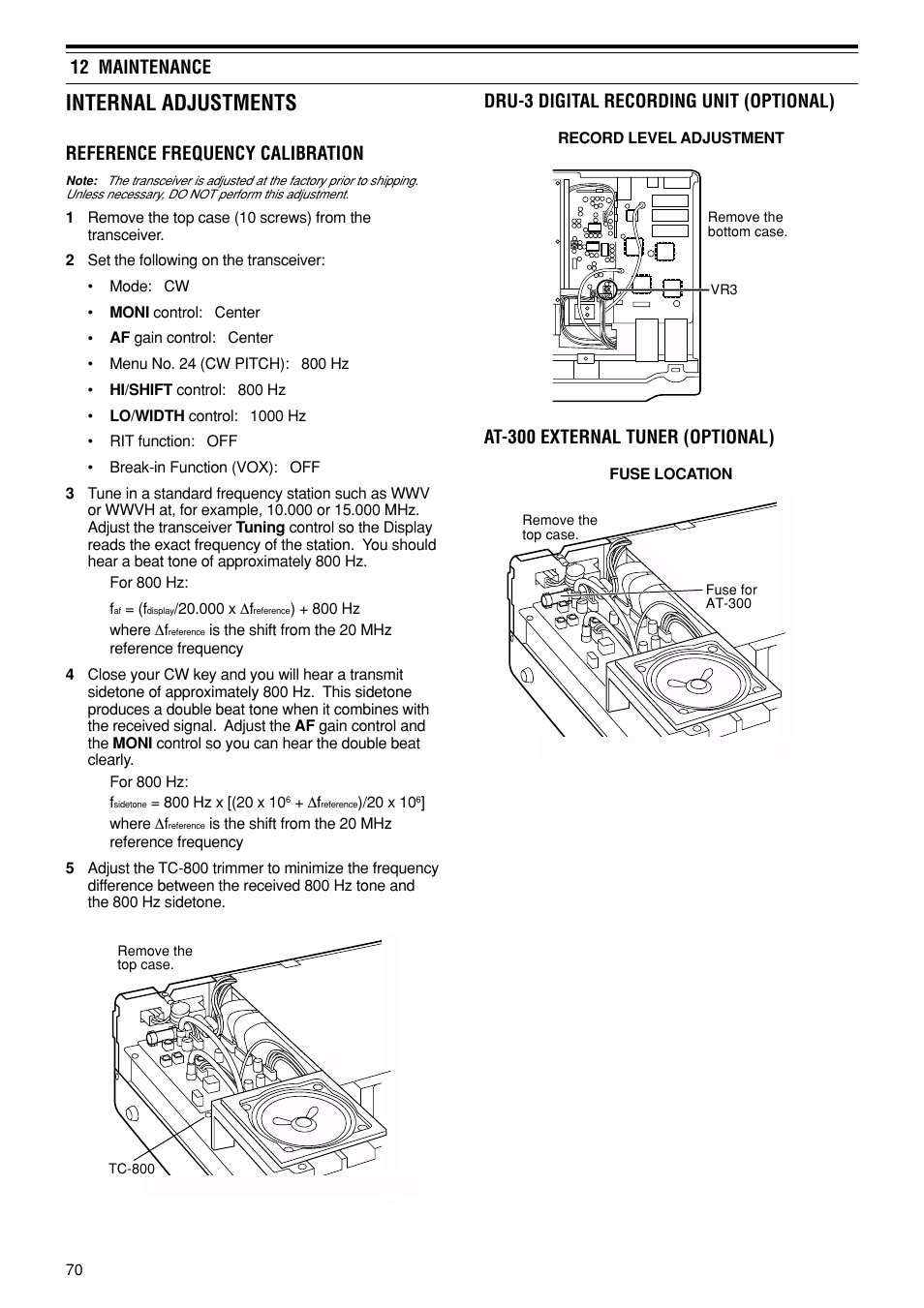 Internal adjustments, Dru-3 digital recording unit (optional), At-300 external tuner (optional) | 12 maintenance, Reference frequency calibration | Kenwood TS-870S User Manual | Page 76 / 104