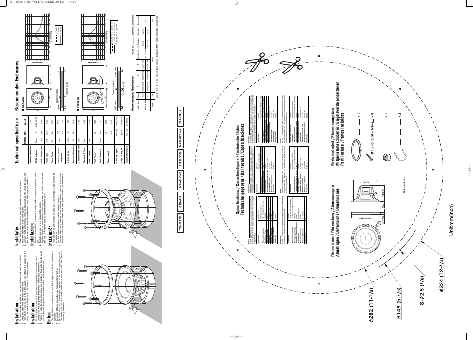 Technical specifications, Recommended enclosures, Installation | Einbau, Installatie, Installazione, Instalación | Kenwood KFC W3514DVC User Manual | Page 2 / 2