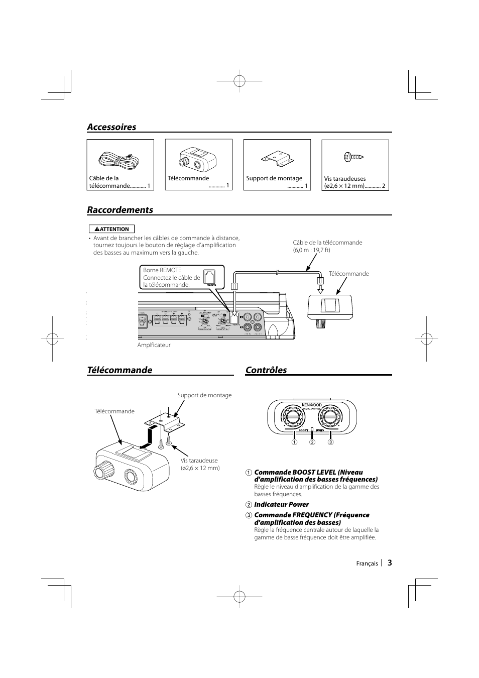 Raccordements accessoires télécommande, Contrôles | Kenwood KCA-WR10 User Manual | Page 3 / 4