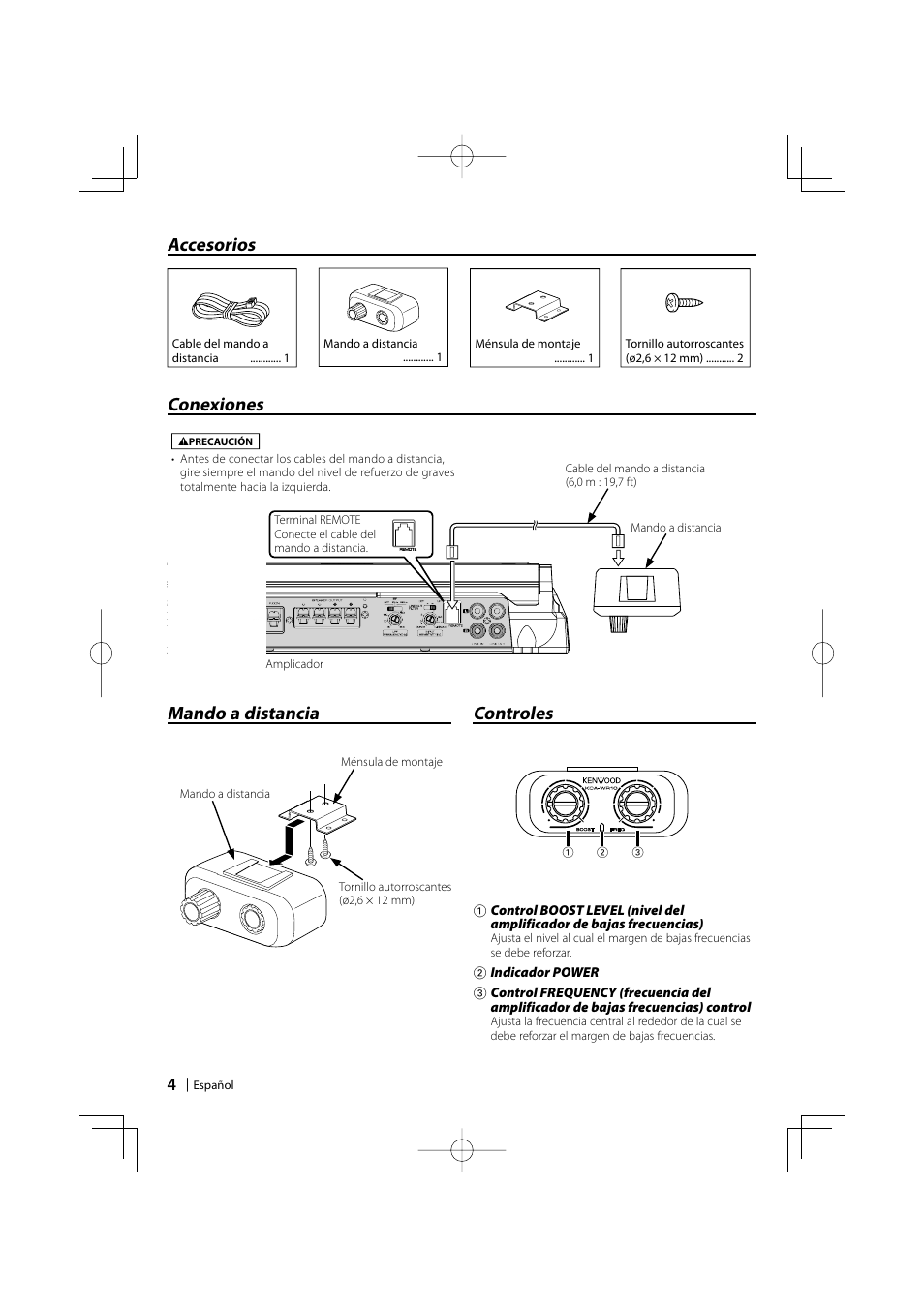 Conexiones accesorios mando a distancia, Controles | Kenwood KCA-WR10 User Manual | Page 4 / 4